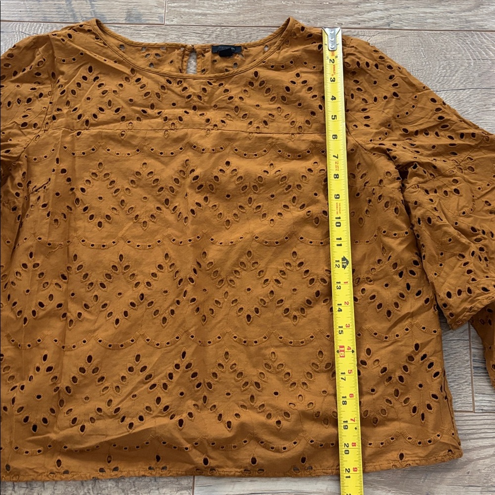 Ann Taylor Mustard Eyelet Cotton Cropped Blouse Top Ruffle Sleeves Sz. Large - Picture 5 of 6